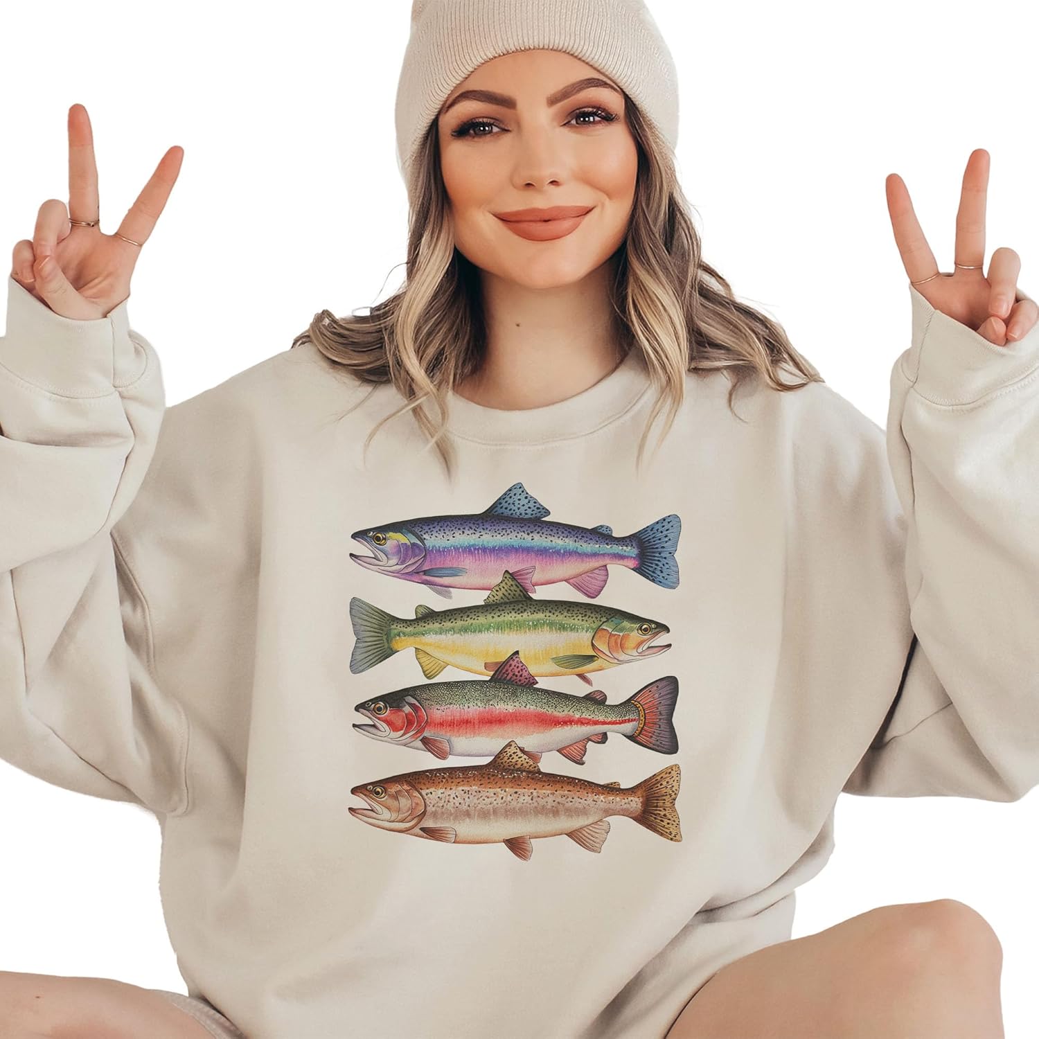 Women's Abstract Trout River Fish Graphic Sweater - Image 2