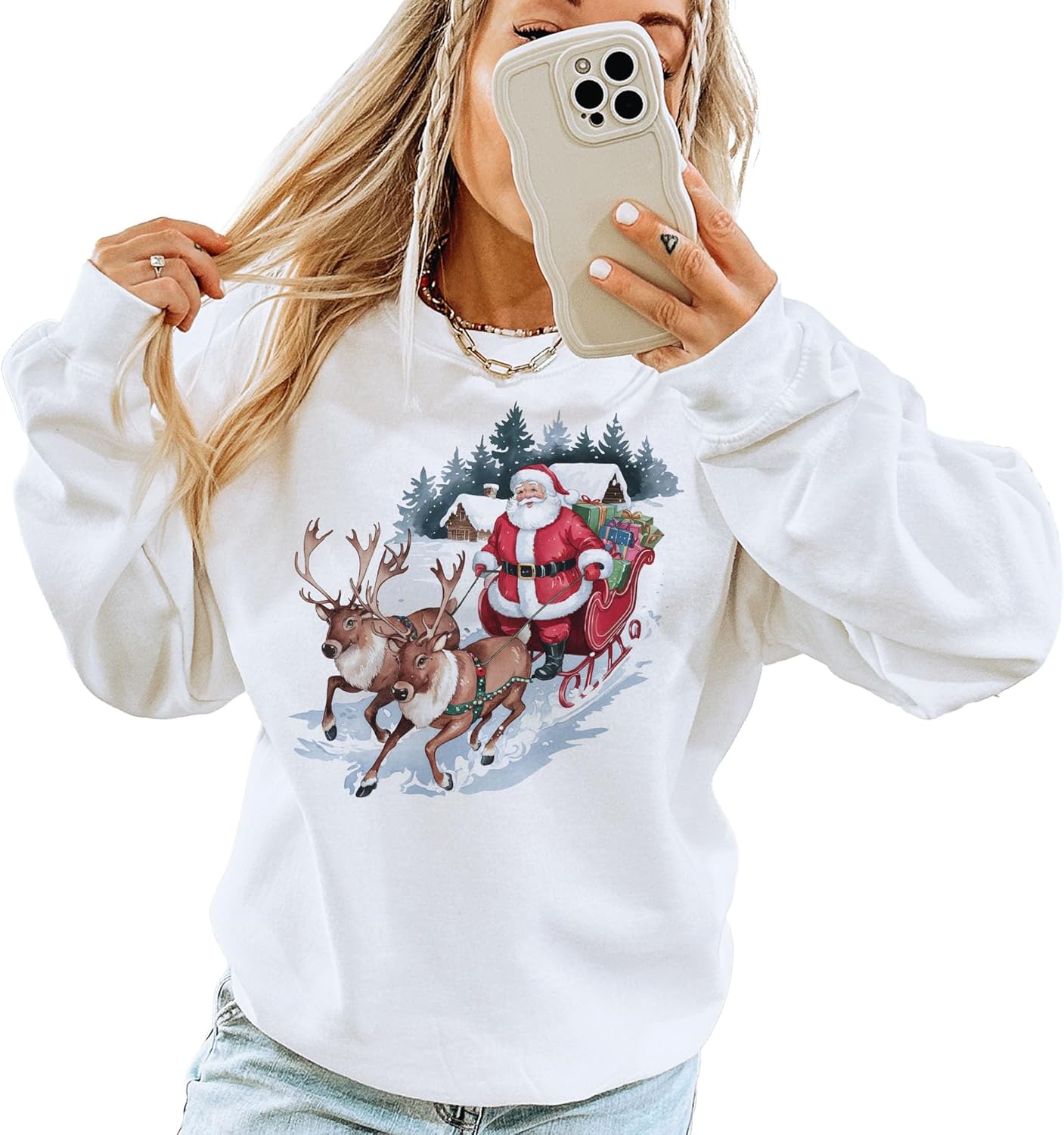 Women's Vintage Santa Reindeer Christmas Graphic Sweater - Image 2