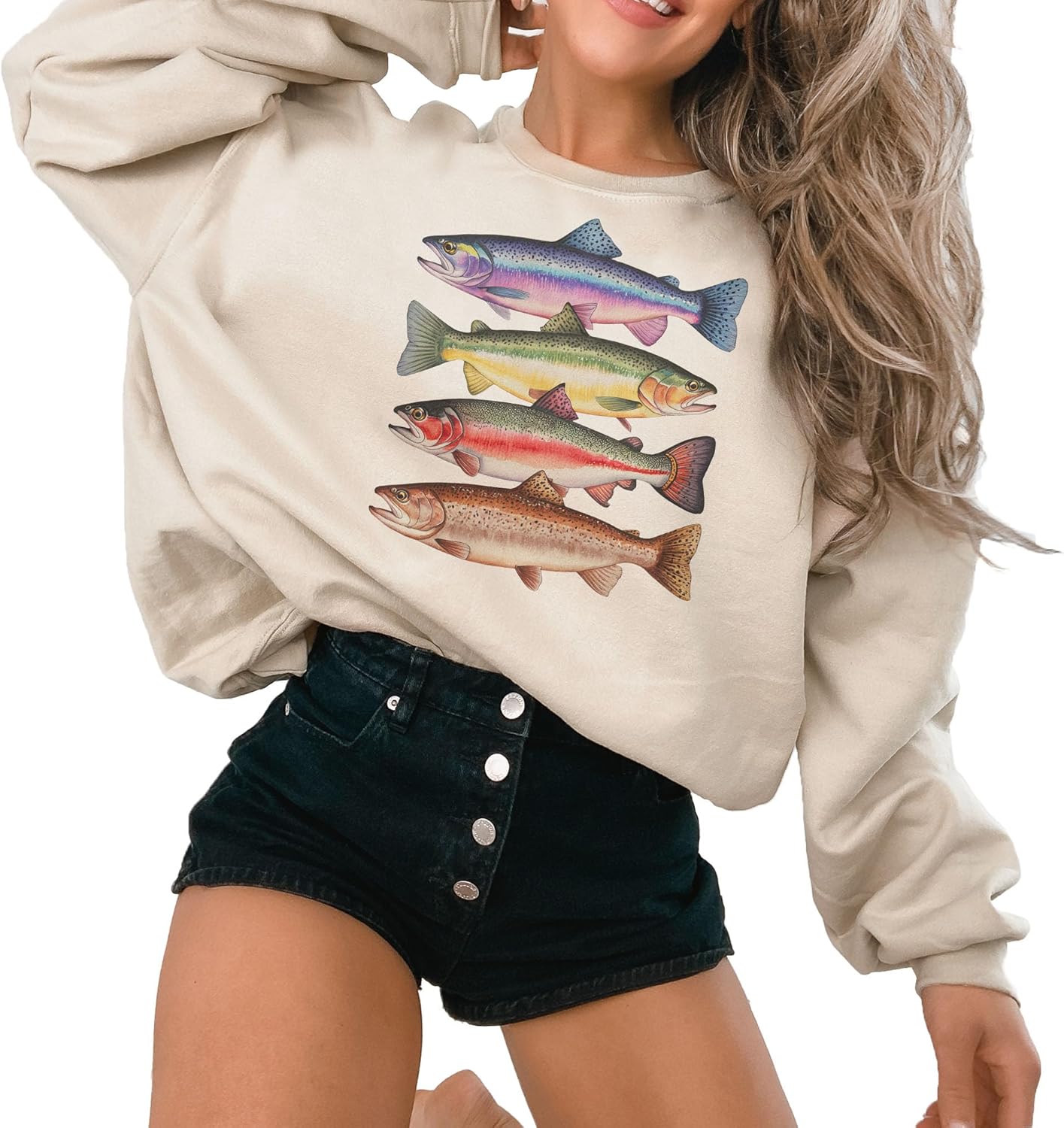 Women's Abstract Trout River Fish Graphic Sweater - Image 5