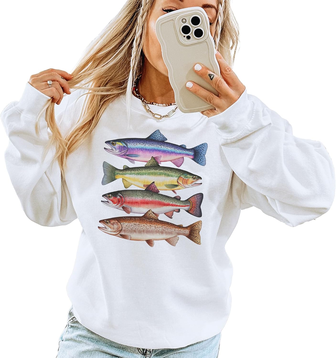 Women's Abstract Trout River Fish Graphic Sweater - Image 4