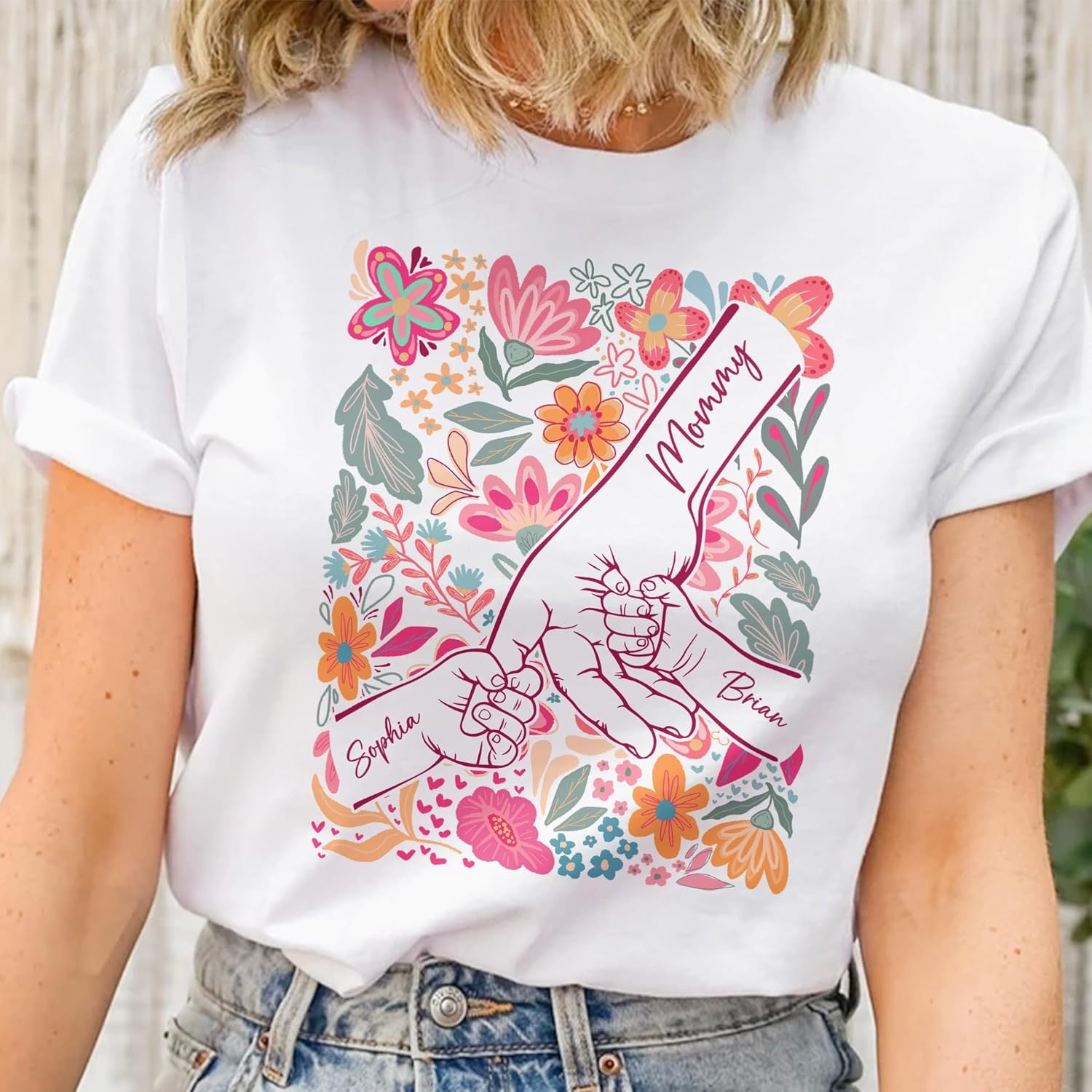 Women's Mother Child Floral Hands Graphic T-Shirt - Image 4