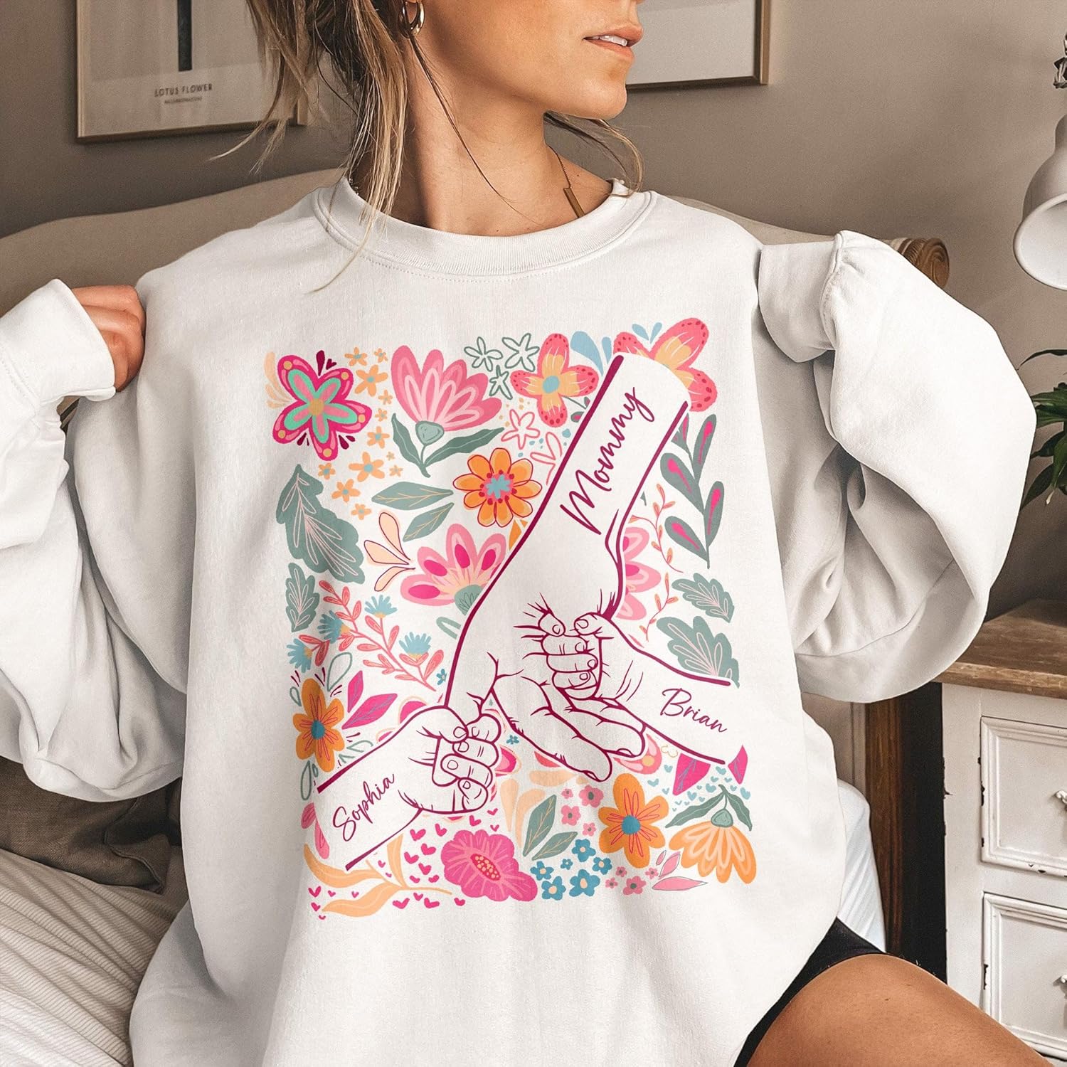 Women's Mother Child Floral Hands Graphic T-Shirt - Image 2